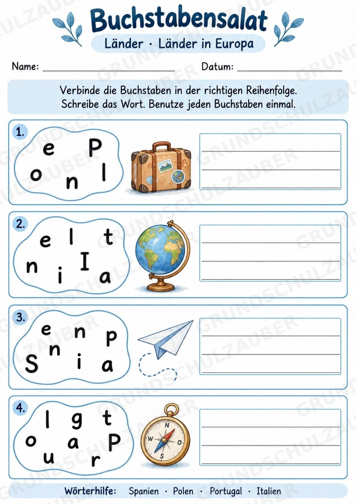 Buchstabensalat Länder | Ländernamen & Wortschatz üben | 5 Arbeitsblätter für Deutsch und Sachunterricht Grundschule – Materialseite 4