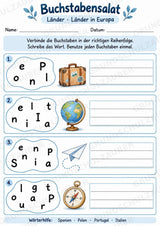 Buchstabensalat Länder | Ländernamen & Wortschatz üben | 5 Arbeitsblätter für Deutsch und Sachunterricht Grundschule – Materialseite 4