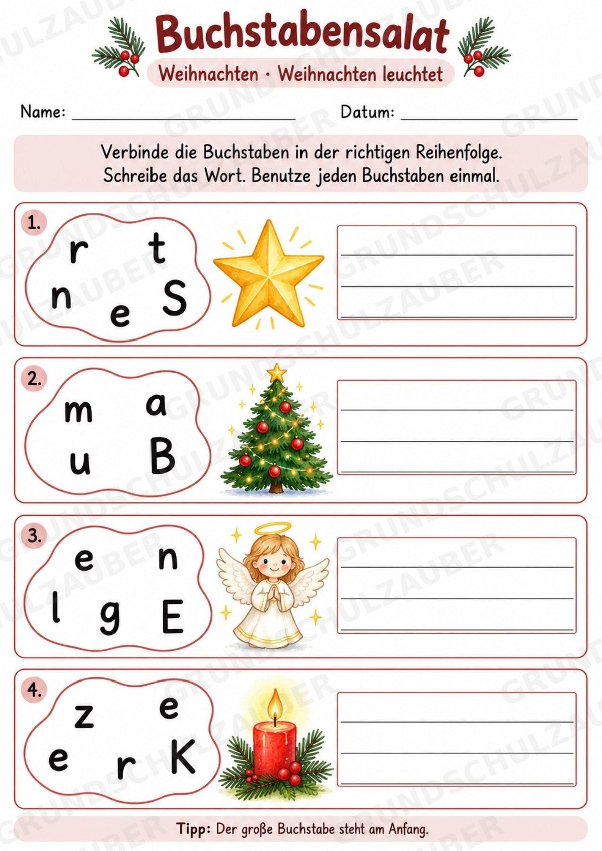 Buchstabensalat Weihnachten & Winter | Weihnachtswörter bilden | 5 Arbeitsblätter Deutsch Grundschule für den Advent – Materialseite 2
