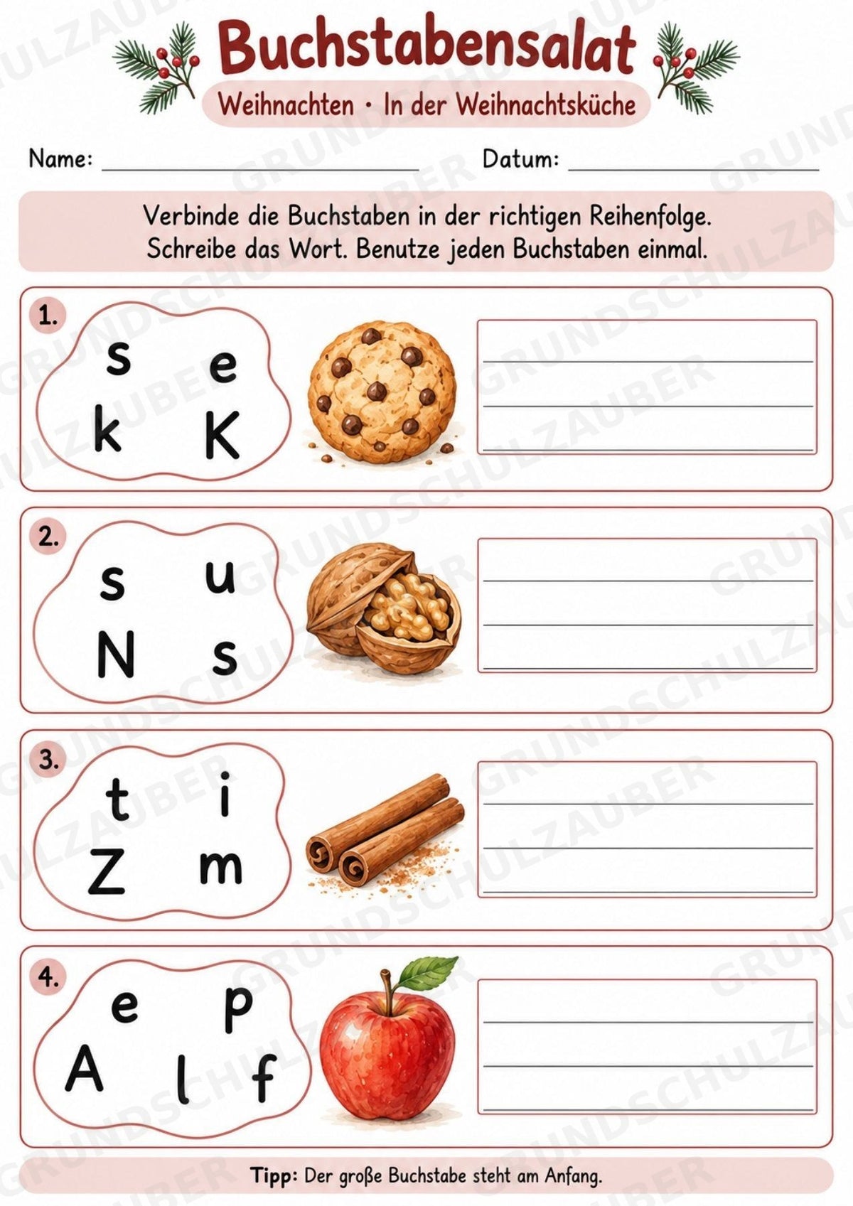 Buchstabensalat Weihnachten & Winter | Weihnachtswörter bilden | 5 Arbeitsblätter Deutsch Grundschule für den Advent – Materialseite 4