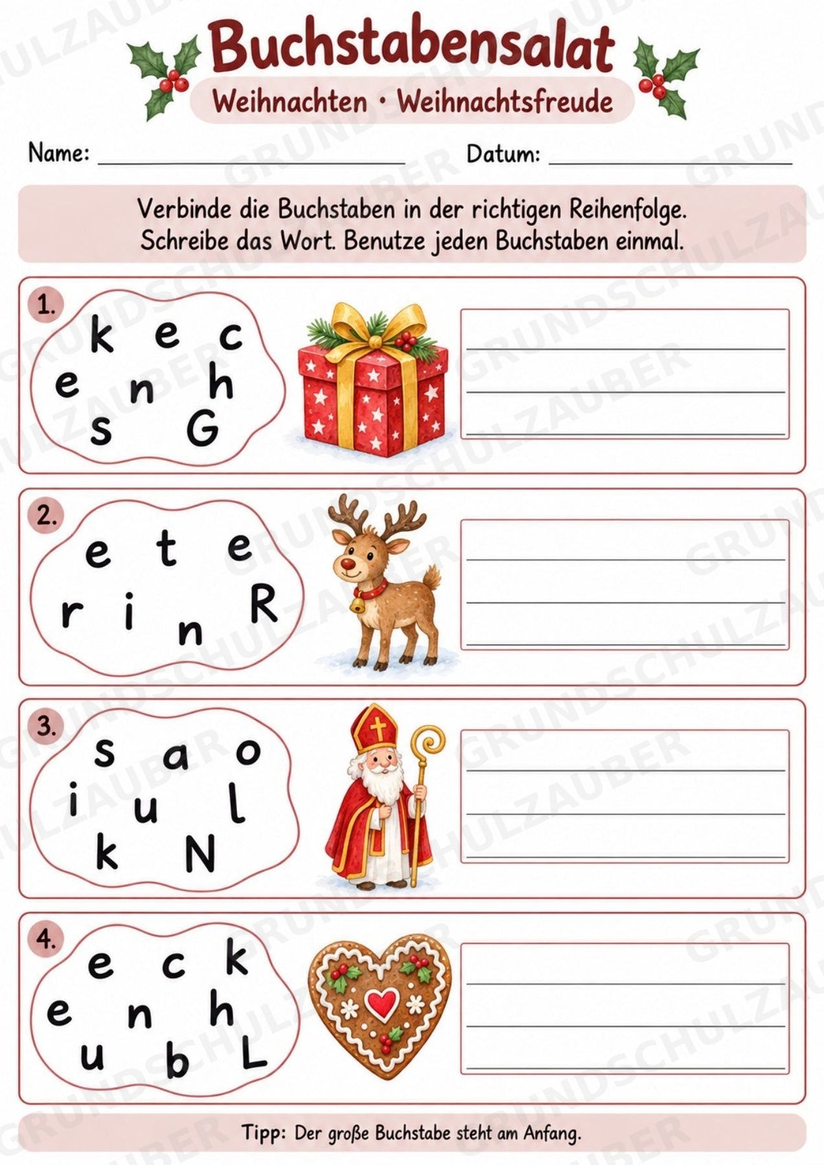 Buchstabensalat Weihnachten & Winter | Weihnachtswörter bilden | 5 Arbeitsblätter Deutsch Grundschule für den Advent – Materialseite 6