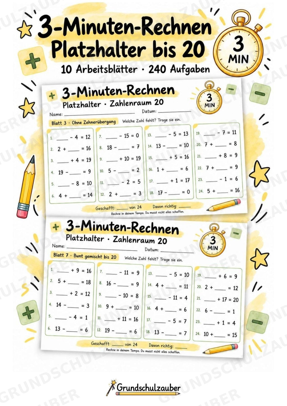 Titel: 3-Minuten-Rechnen Platzhalter bis 20 | Ergänzungsaufgaben Plus und Minus | 10 Arbeitsblätter Kopfrechnen Grundschule – Cover