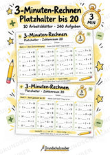 Titel: 3-Minuten-Rechnen Platzhalter bis 20 | Ergänzungsaufgaben Plus und Minus | 10 Arbeitsblätter Kopfrechnen Grundschule – Cover