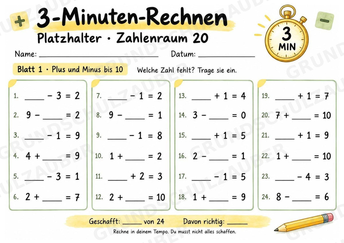 Titel: 3-Minuten-Rechnen Platzhalter bis 20 | Ergänzungsaufgaben Plus und Minus | 10 Arbeitsblätter Kopfrechnen Grundschule – Materialseite 2