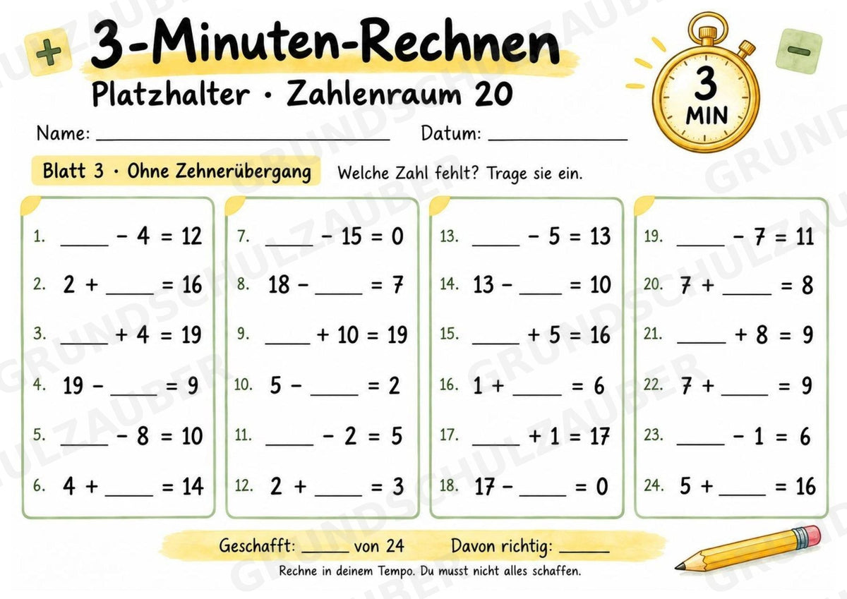 Titel: 3-Minuten-Rechnen Platzhalter bis 20 | Ergänzungsaufgaben Plus und Minus | 10 Arbeitsblätter Kopfrechnen Grundschule – Materialseite 4