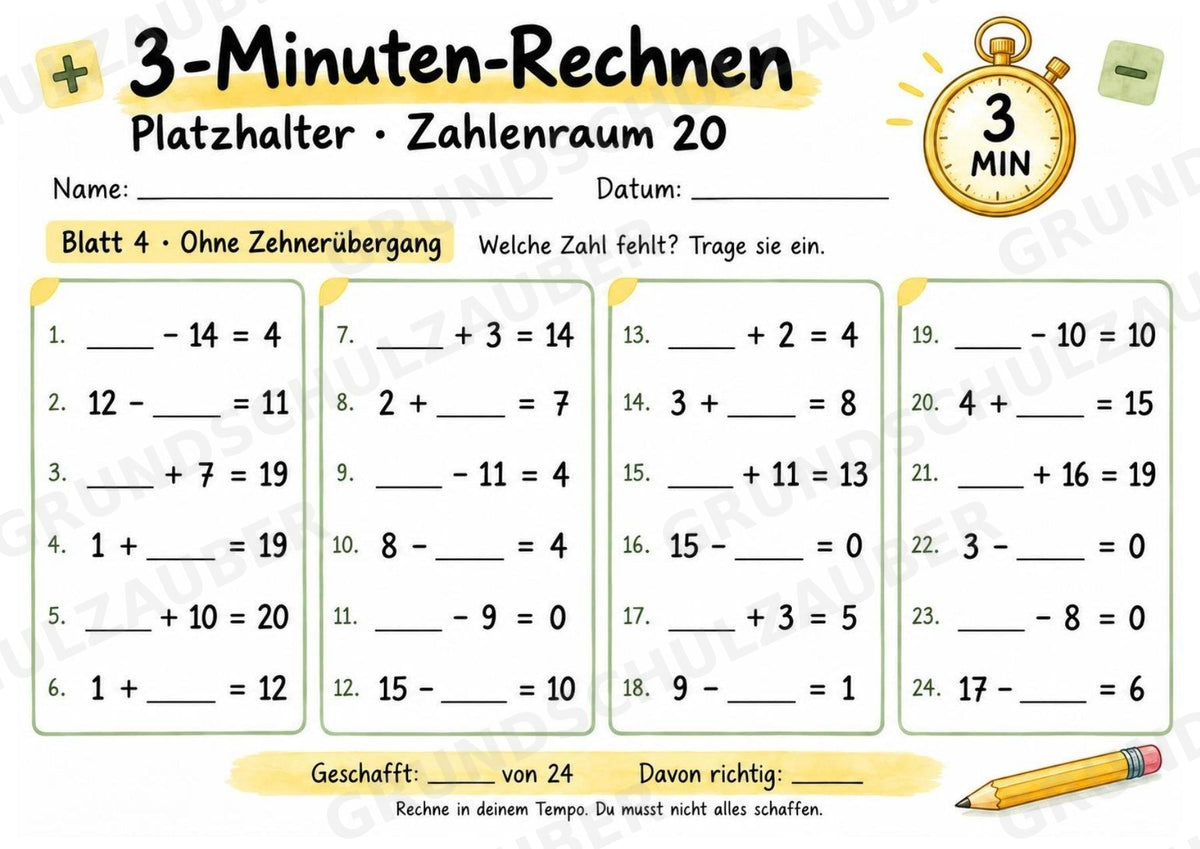 Titel: 3-Minuten-Rechnen Platzhalter bis 20 | Ergänzungsaufgaben Plus und Minus | 10 Arbeitsblätter Kopfrechnen Grundschule – Materialseite 5