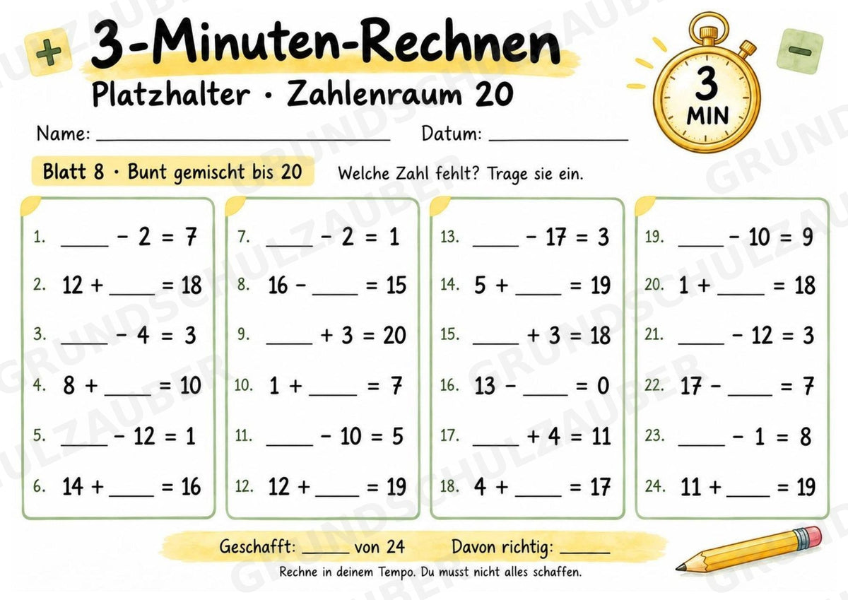 Titel: 3-Minuten-Rechnen Platzhalter bis 20 | Ergänzungsaufgaben Plus und Minus | 10 Arbeitsblätter Kopfrechnen Grundschule – Materialseite 9