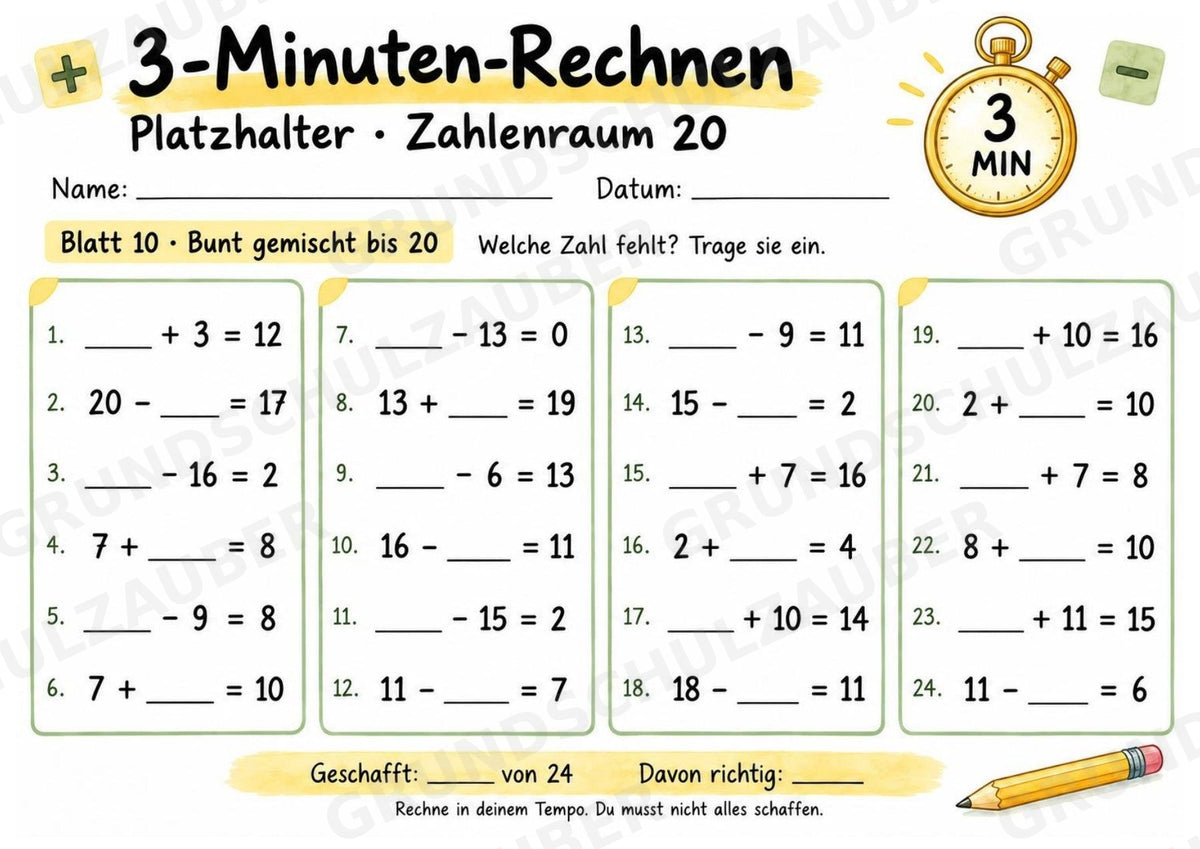 Titel: 3-Minuten-Rechnen Platzhalter bis 20 | Ergänzungsaufgaben Plus und Minus | 10 Arbeitsblätter Kopfrechnen Grundschule – Materialseite 11