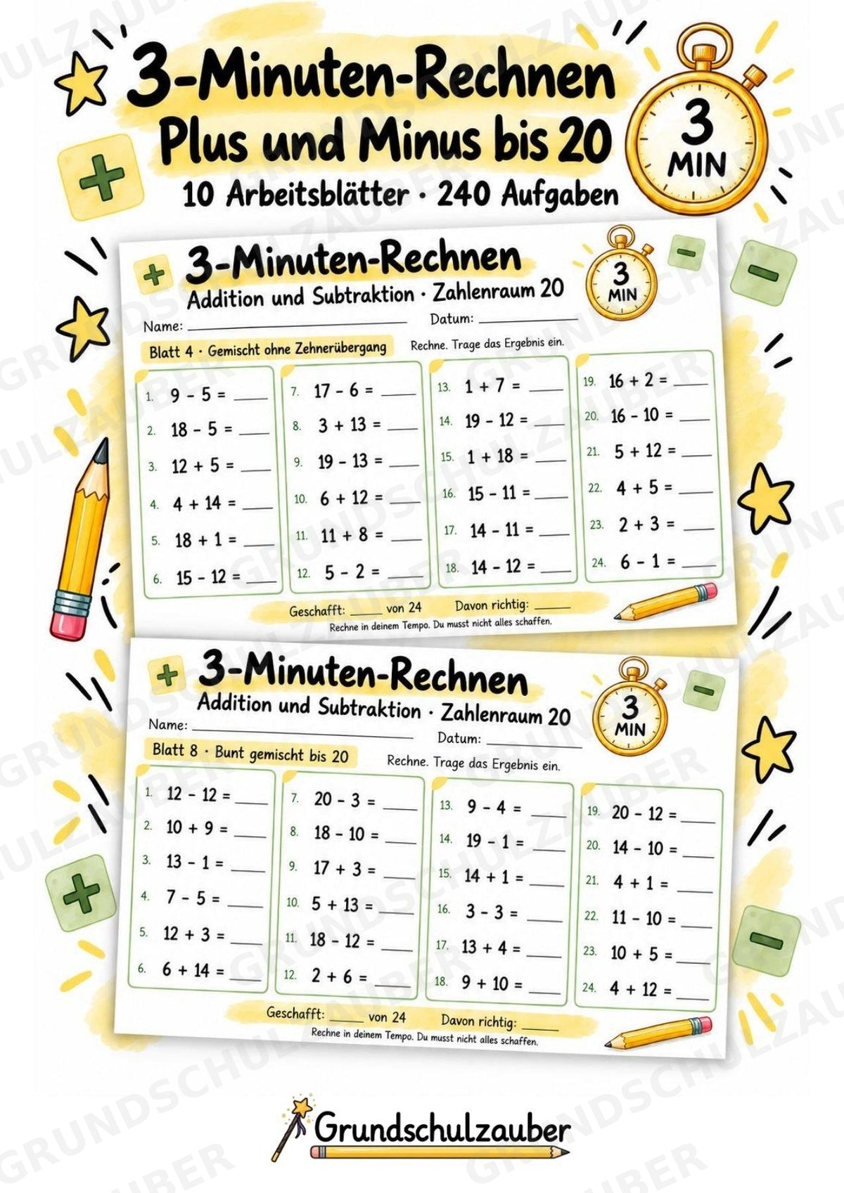 3-Minuten-Rechnen im Zahlenraum 20 | Addition & Subtraktion, Kopfrechnen – 10 Mathe-Arbeitsblätter für Klasse 1–2 – Cover
