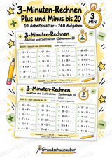 3-Minuten-Rechnen im Zahlenraum 20 | Addition & Subtraktion, Kopfrechnen – 10 Mathe-Arbeitsblätter für Klasse 1–2 – Cover