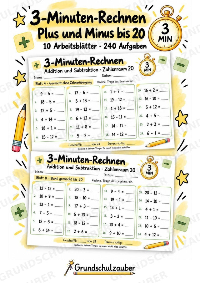 3-Minuten-Rechnen im Zahlenraum 20 | Addition & Subtraktion, Kopfrechnen – 10 Mathe-Arbeitsblätter für Klasse 1–2 – Cover