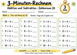 3-Minuten-Rechnen im Zahlenraum 20 | Addition & Subtraktion, Kopfrechnen – 10 Mathe-Arbeitsblätter für Klasse 1–2 – Materialseite 2