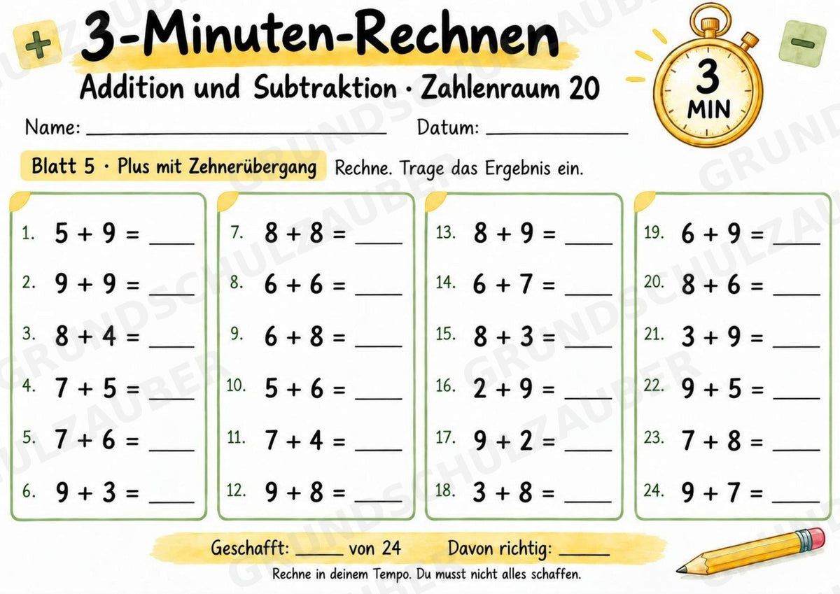 3-Minuten-Rechnen im Zahlenraum 20 | Addition & Subtraktion, Kopfrechnen – 10 Mathe-Arbeitsblätter für Klasse 1–2 – Materialseite 6