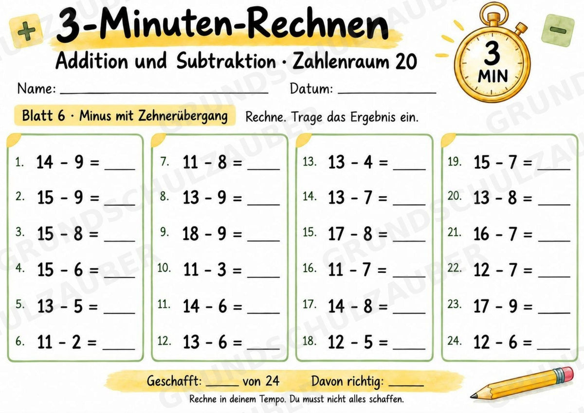 3-Minuten-Rechnen im Zahlenraum 20 | Addition & Subtraktion, Kopfrechnen – 10 Mathe-Arbeitsblätter für Klasse 1–2 – Materialseite 7