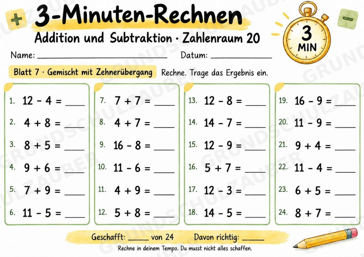 3-Minuten-Rechnen im Zahlenraum 20 | Addition & Subtraktion, Kopfrechnen – 10 Mathe-Arbeitsblätter für Klasse 1–2 – Materialseite 8