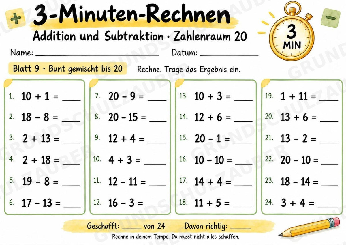 3-Minuten-Rechnen im Zahlenraum 20 | Addition & Subtraktion, Kopfrechnen – 10 Mathe-Arbeitsblätter für Klasse 1–2 – Materialseite 10