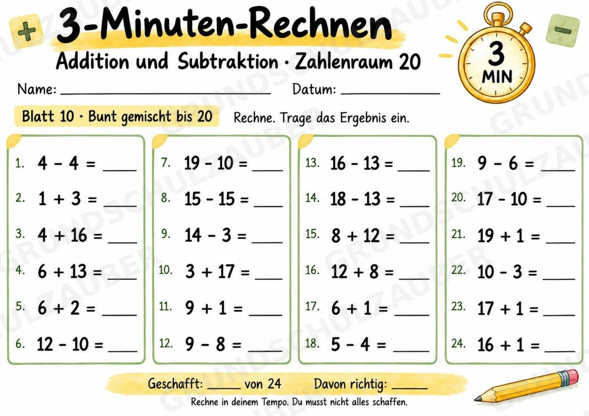 3-Minuten-Rechnen im Zahlenraum 20 | Addition & Subtraktion, Kopfrechnen – 10 Mathe-Arbeitsblätter für Klasse 1–2 – Materialseite 11