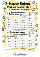 3-Minuten-Rechnen im Zahlenraum 100 | Addition & Subtraktion, Kopfrechnen – 10 Mathe-Arbeitsblätter für Klasse 2 – Cover