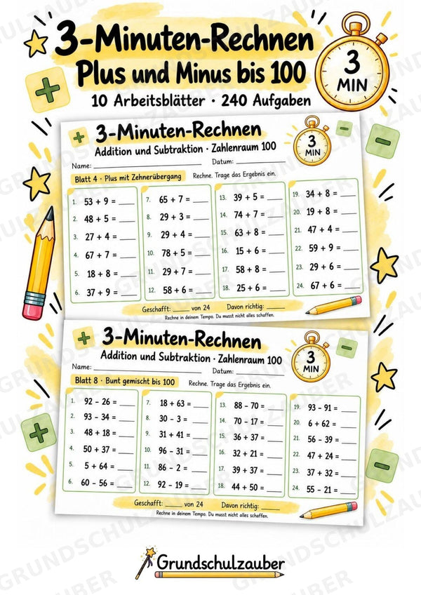 3-Minuten-Rechnen im Zahlenraum 100 | Addition & Subtraktion, Kopfrechnen – 10 Mathe-Arbeitsblätter für Klasse 2