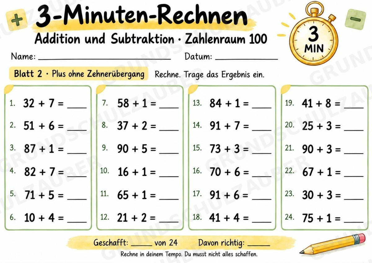3-Minuten-Rechnen im Zahlenraum 100 | Addition & Subtraktion, Kopfrechnen – 10 Mathe-Arbeitsblätter für Klasse 2 – Materialseite 3