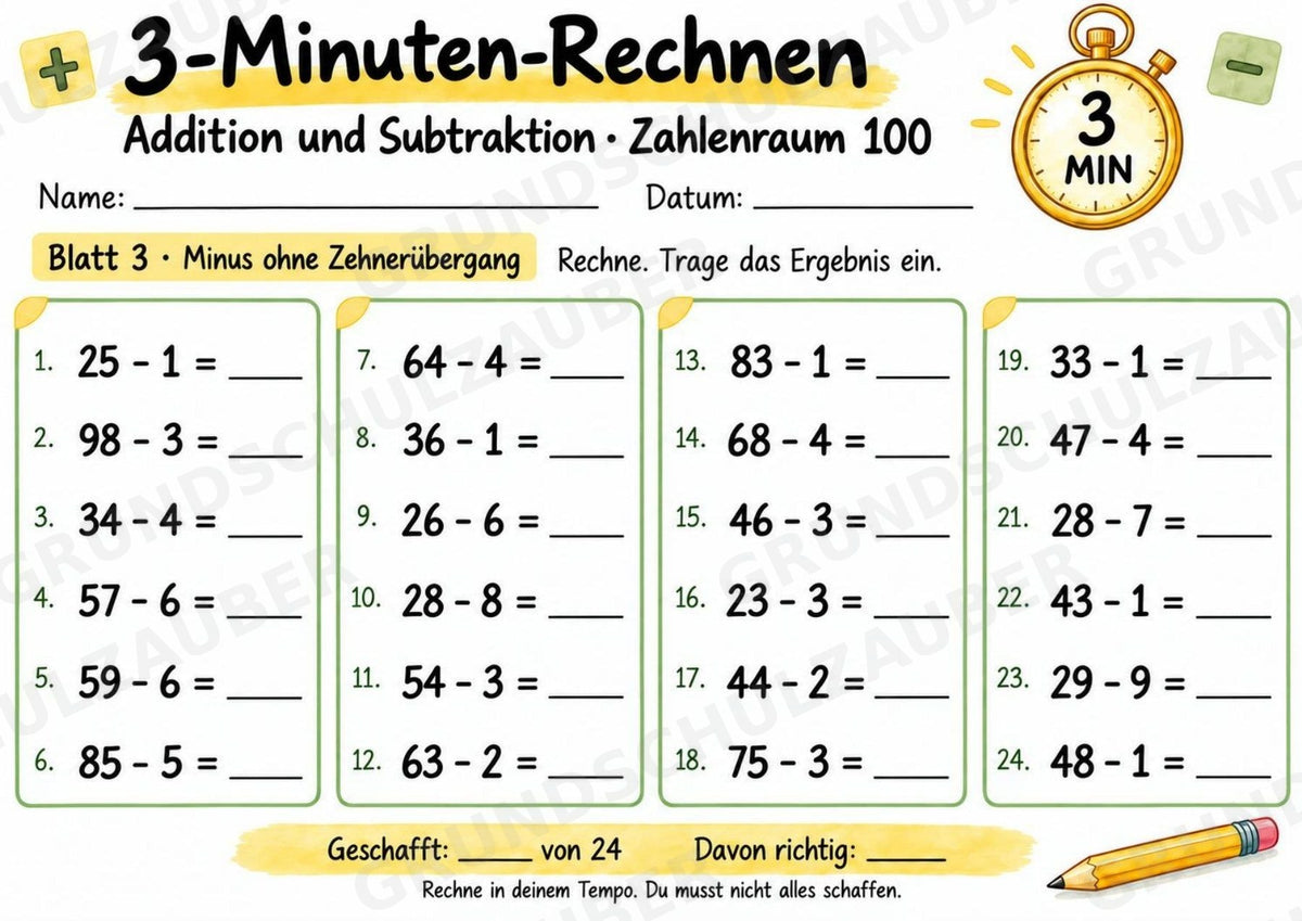 3-Minuten-Rechnen im Zahlenraum 100 | Addition & Subtraktion, Kopfrechnen – 10 Mathe-Arbeitsblätter für Klasse 2 – Materialseite 4