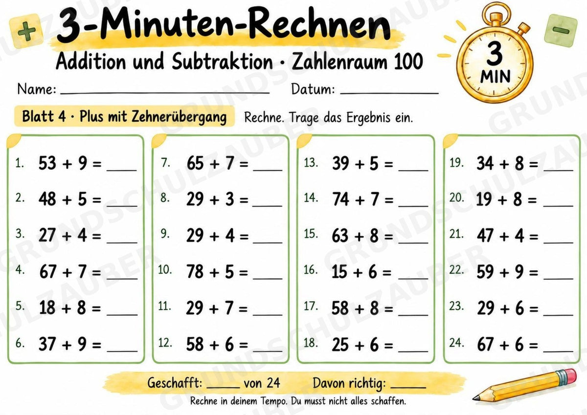 3-Minuten-Rechnen im Zahlenraum 100 | Addition & Subtraktion, Kopfrechnen – 10 Mathe-Arbeitsblätter für Klasse 2 – Materialseite 5
