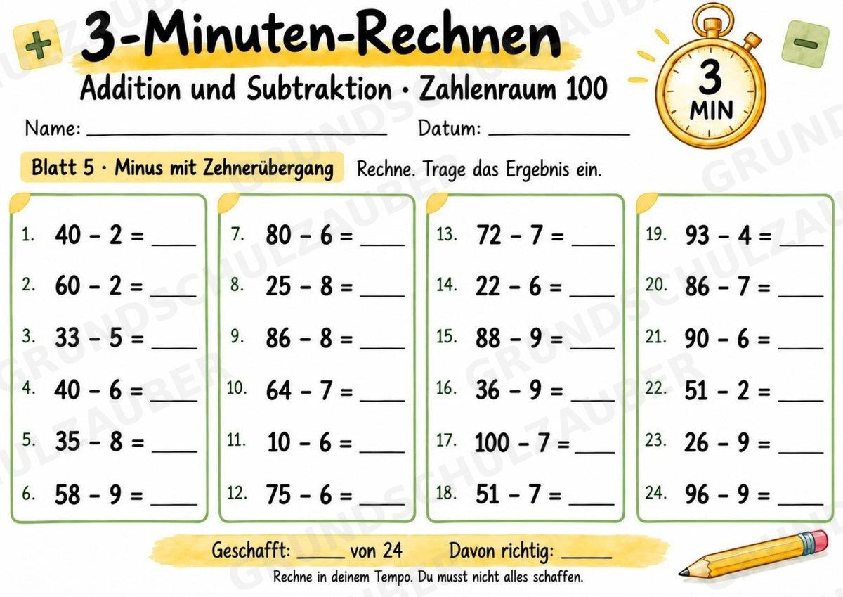 3-Minuten-Rechnen im Zahlenraum 100 | Addition & Subtraktion, Kopfrechnen – 10 Mathe-Arbeitsblätter für Klasse 2 – Materialseite 6