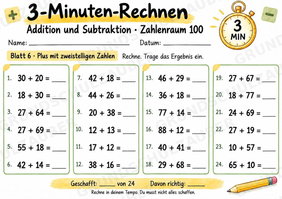 3-Minuten-Rechnen im Zahlenraum 100 | Addition & Subtraktion, Kopfrechnen – 10 Mathe-Arbeitsblätter für Klasse 2 – Materialseite 7