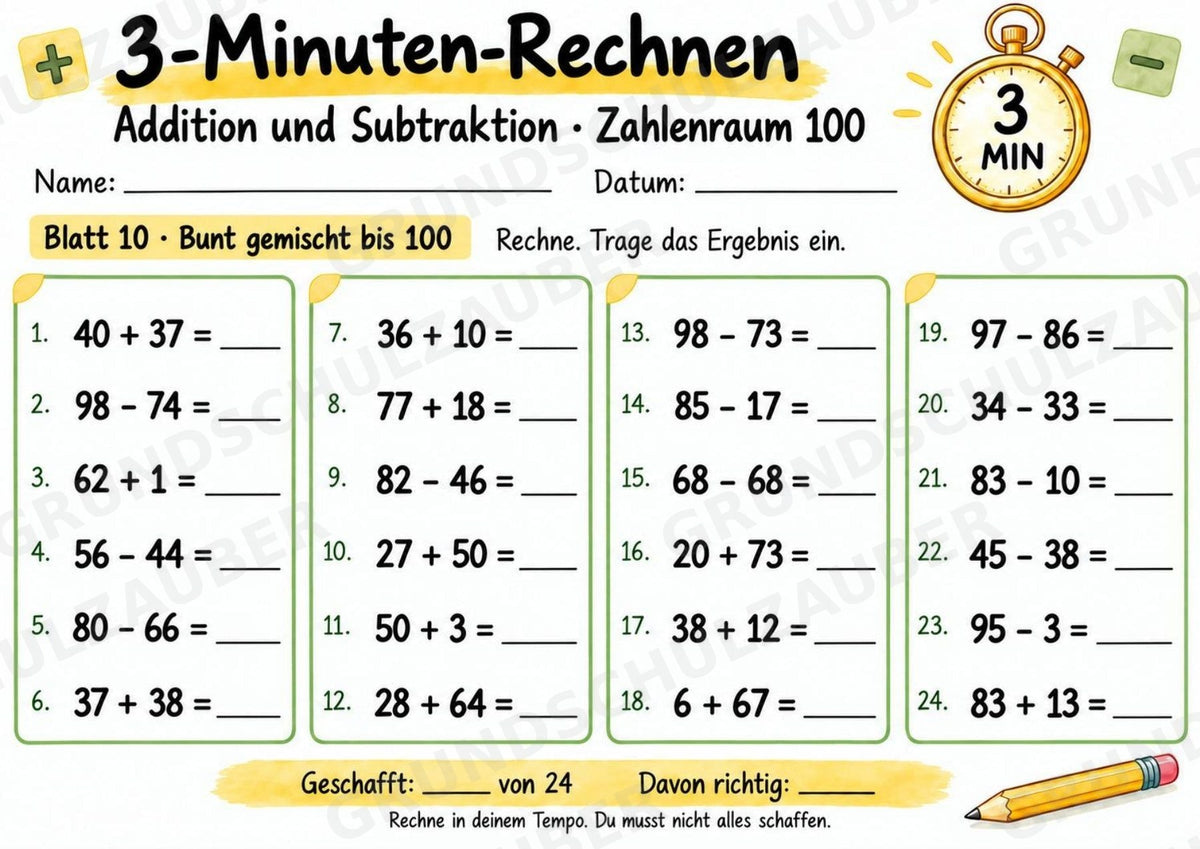 3-Minuten-Rechnen im Zahlenraum 100 | Addition & Subtraktion, Kopfrechnen – 10 Mathe-Arbeitsblätter für Klasse 2 – Materialseite 11