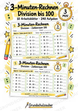 3-Minuten-Rechnen: Division im Zahlenraum 100 | Teilen ohne Rest – 10 Arbeitsblätter für Klasse 2–3 – Cover