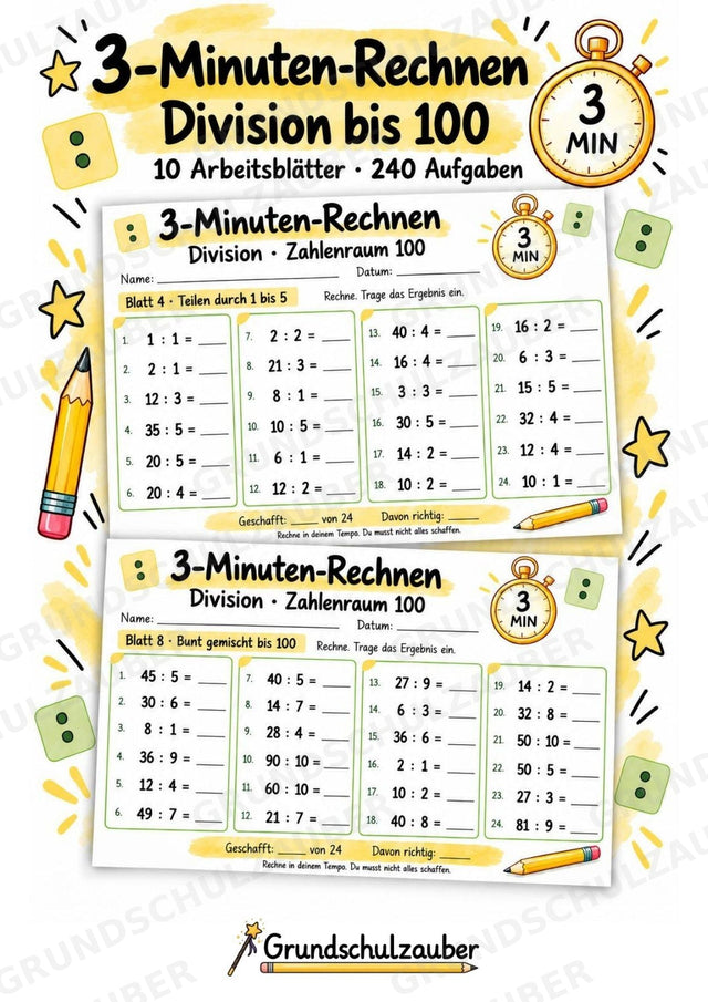 3-Minuten-Rechnen: Division im Zahlenraum 100 | Teilen ohne Rest – 10 Arbeitsblätter für Klasse 2–3 – Cover