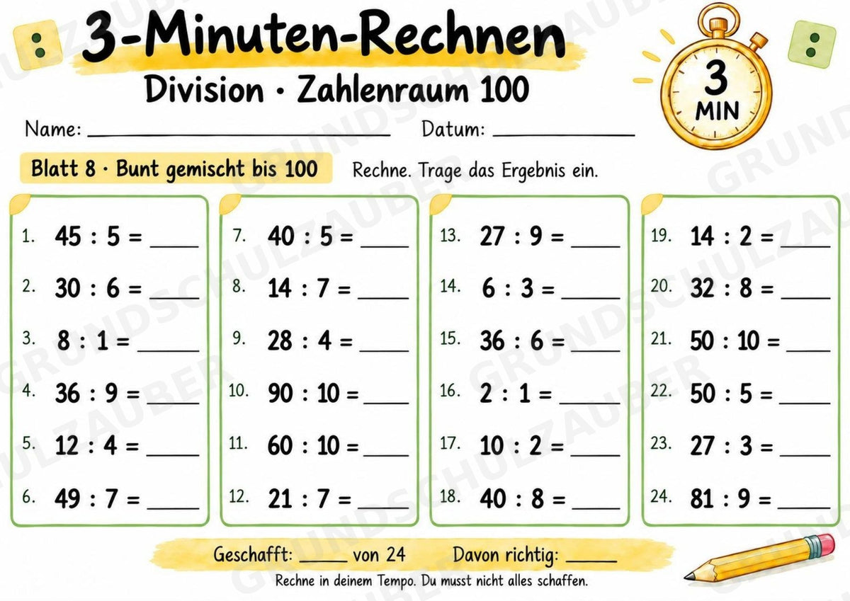 3-Minuten-Rechnen: Division im Zahlenraum 100 | Teilen ohne Rest – 10 Arbeitsblätter für Klasse 2–3 – Materialseite 9