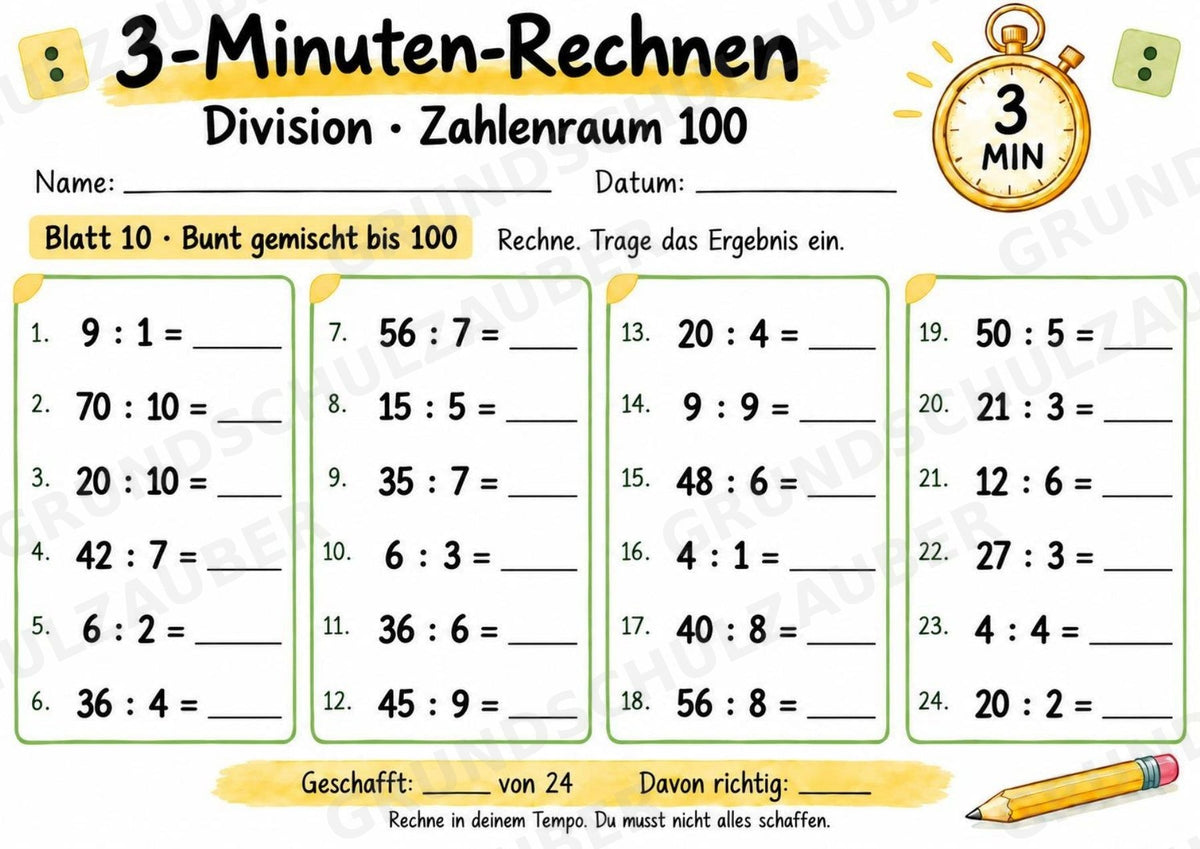 3-Minuten-Rechnen: Division im Zahlenraum 100 | Teilen ohne Rest – 10 Arbeitsblätter für Klasse 2–3 – Materialseite 11