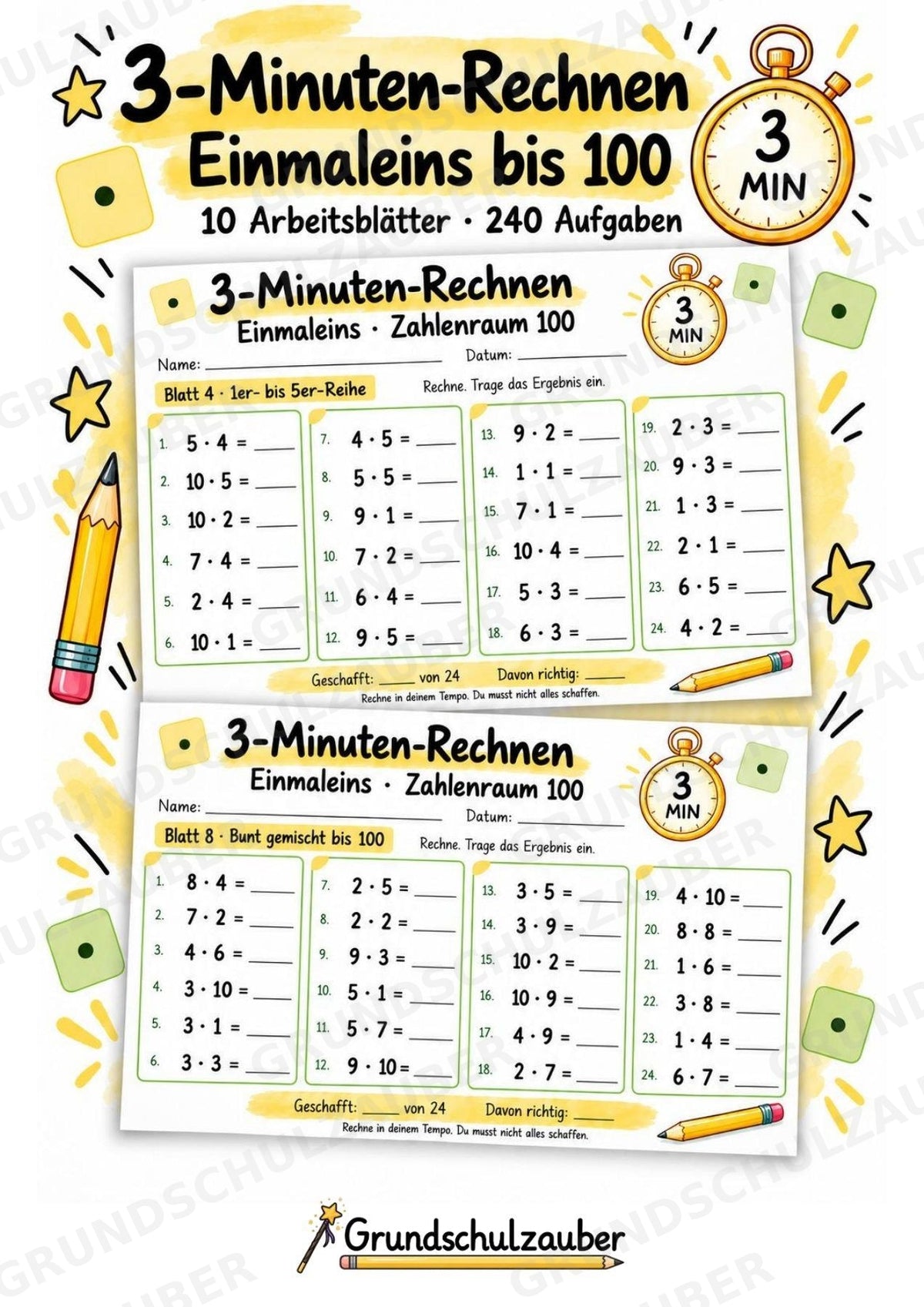 3-Minuten-Rechnen: Einmaleins bis 100 | Kleines 1×1 & Multiplikation – 10 Arbeitsblätter für Klasse 2–3 – Cover