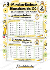 3-Minuten-Rechnen: Einmaleins bis 100 | Kleines 1×1 & Multiplikation – 10 Arbeitsblätter für Klasse 2–3 – Cover