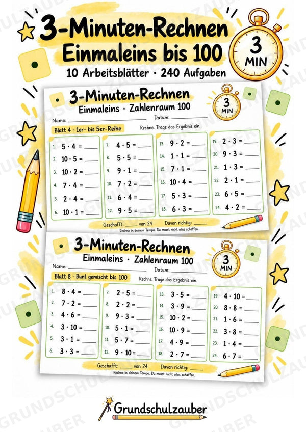 3-Minuten-Rechnen: Einmaleins bis 100 | Kleines 1×1 & Multiplikation – 10 Arbeitsblätter für Klasse 2–3