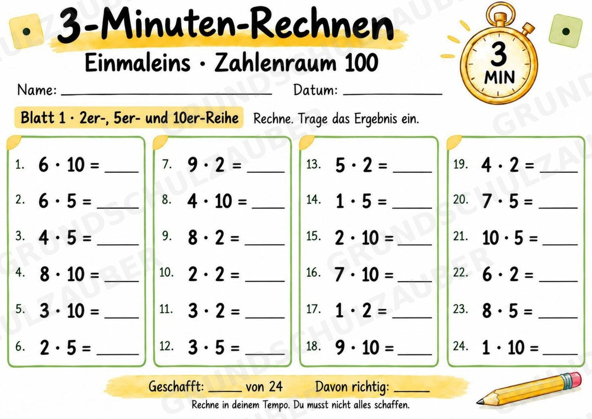 3-Minuten-Rechnen: Einmaleins bis 100 | Kleines 1×1 & Multiplikation – 10 Arbeitsblätter für Klasse 2–3 – Materialseite 2