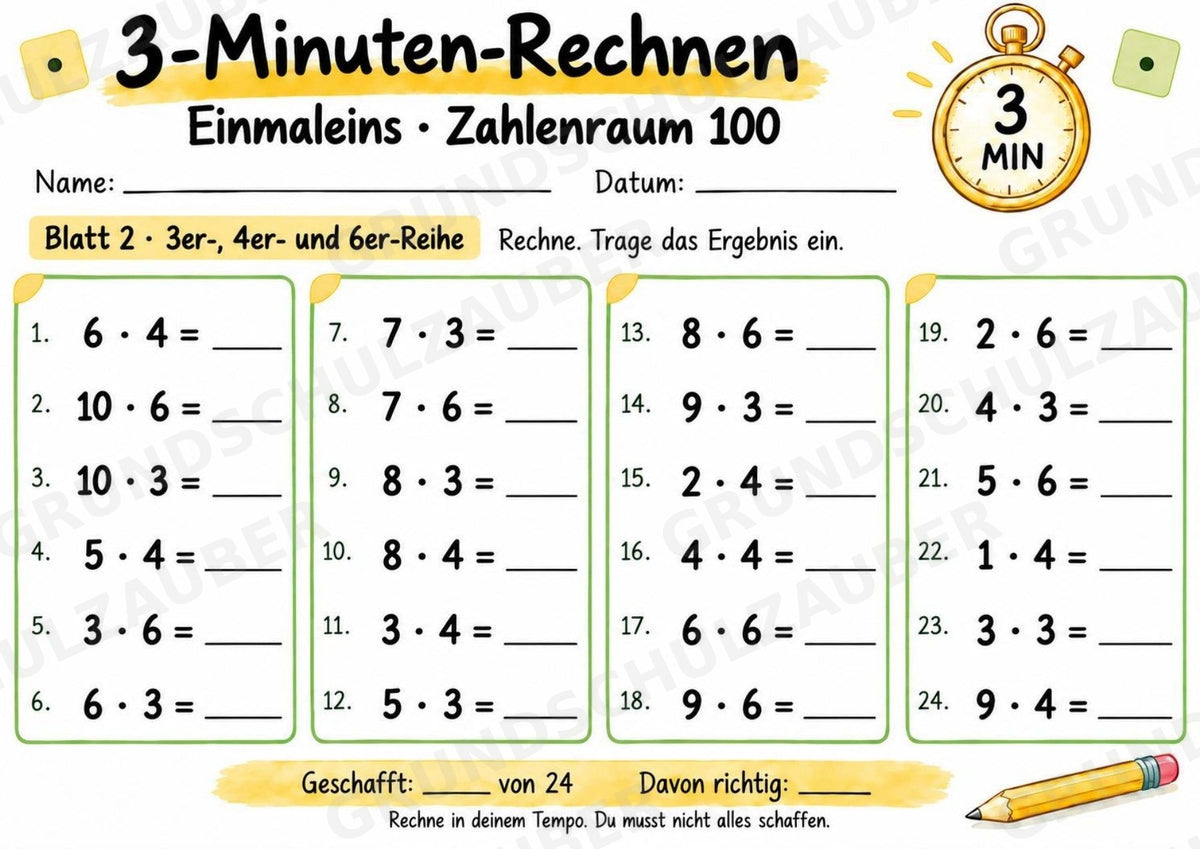 3-Minuten-Rechnen: Einmaleins bis 100 | Kleines 1×1 & Multiplikation – 10 Arbeitsblätter für Klasse 2–3 – Materialseite 3
