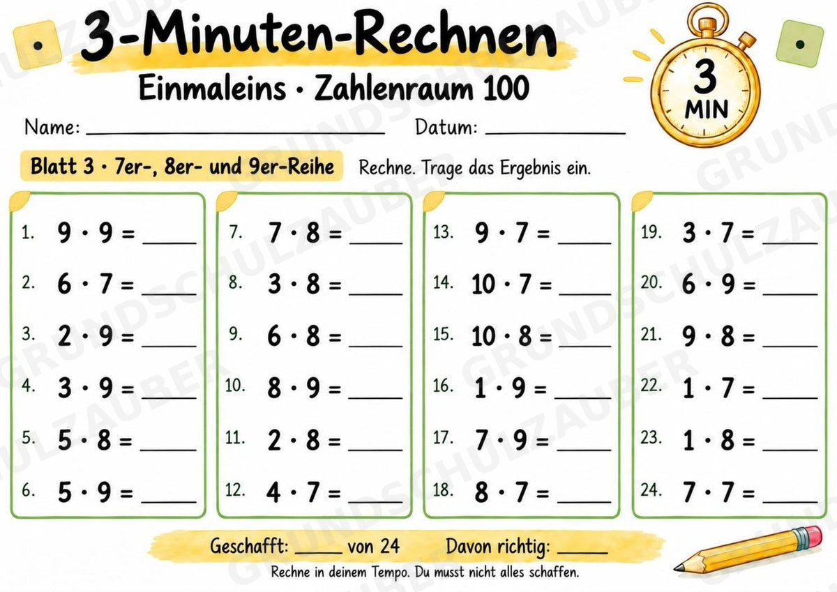 3-Minuten-Rechnen: Einmaleins bis 100 | Kleines 1×1 & Multiplikation – 10 Arbeitsblätter für Klasse 2–3 – Materialseite 4