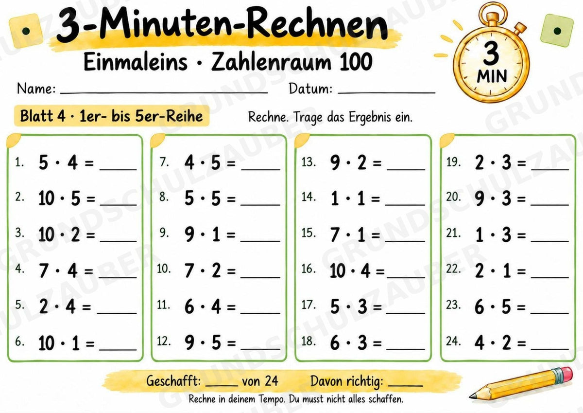3-Minuten-Rechnen: Einmaleins bis 100 | Kleines 1×1 & Multiplikation – 10 Arbeitsblätter für Klasse 2–3 – Materialseite 5