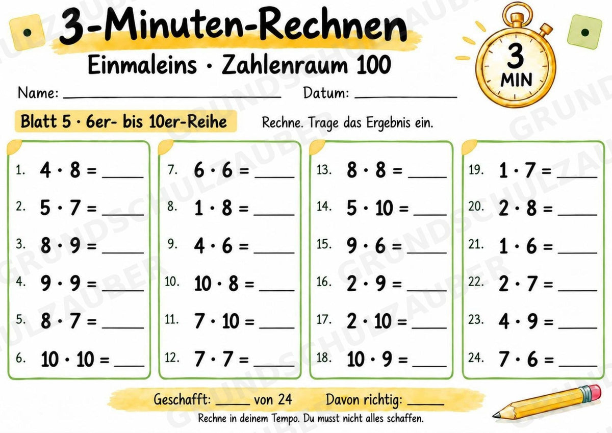 3-Minuten-Rechnen: Einmaleins bis 100 | Kleines 1×1 & Multiplikation – 10 Arbeitsblätter für Klasse 2–3 – Materialseite 6