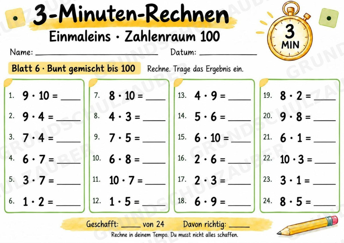 3-Minuten-Rechnen: Einmaleins bis 100 | Kleines 1×1 & Multiplikation – 10 Arbeitsblätter für Klasse 2–3 – Materialseite 7