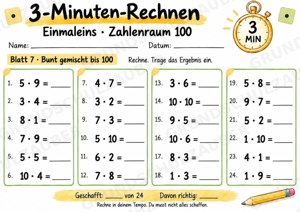 3-Minuten-Rechnen: Einmaleins bis 100 | Kleines 1×1 & Multiplikation – 10 Arbeitsblätter für Klasse 2–3 – Materialseite 8