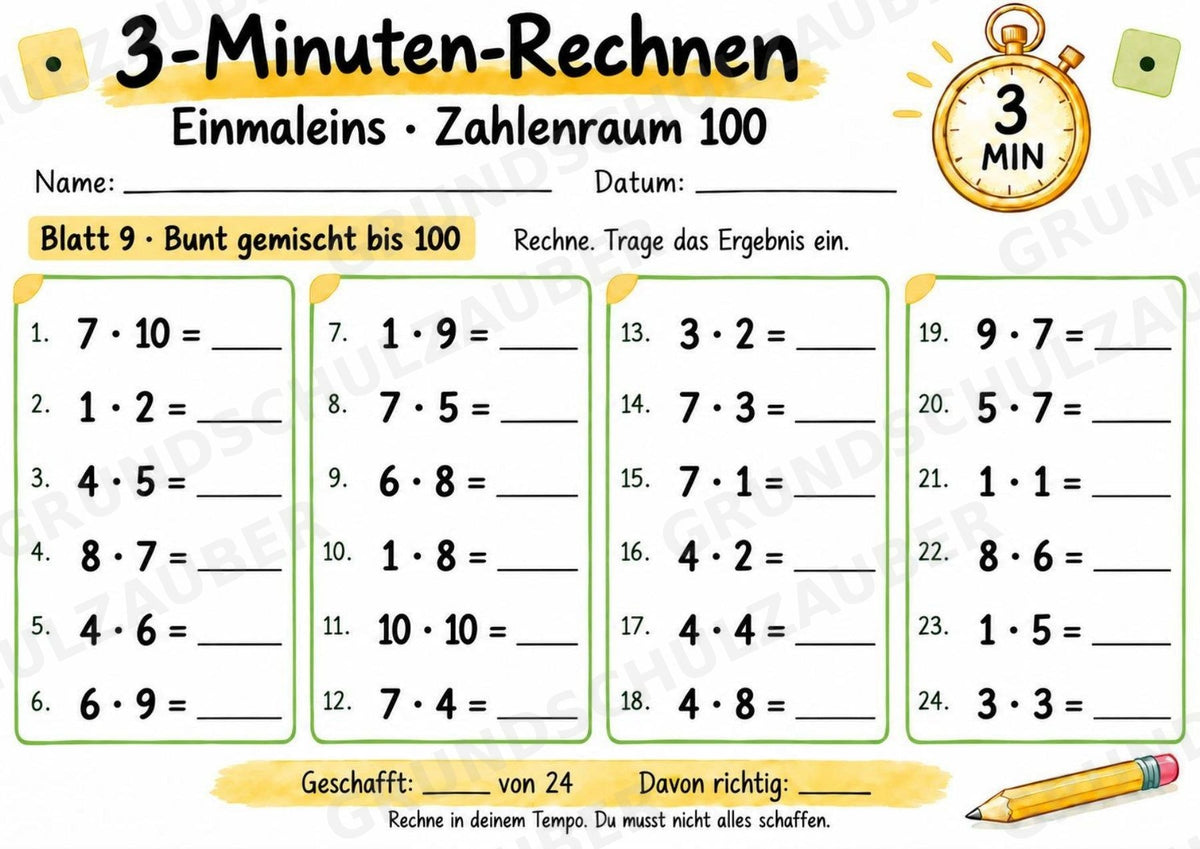 3-Minuten-Rechnen: Einmaleins bis 100 | Kleines 1×1 & Multiplikation – 10 Arbeitsblätter für Klasse 2–3 – Materialseite 10