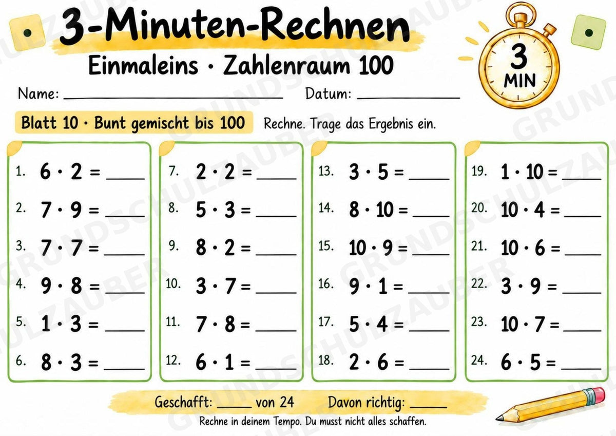 3-Minuten-Rechnen: Einmaleins bis 100 | Kleines 1×1 & Multiplikation – 10 Arbeitsblätter für Klasse 2–3 – Materialseite 11