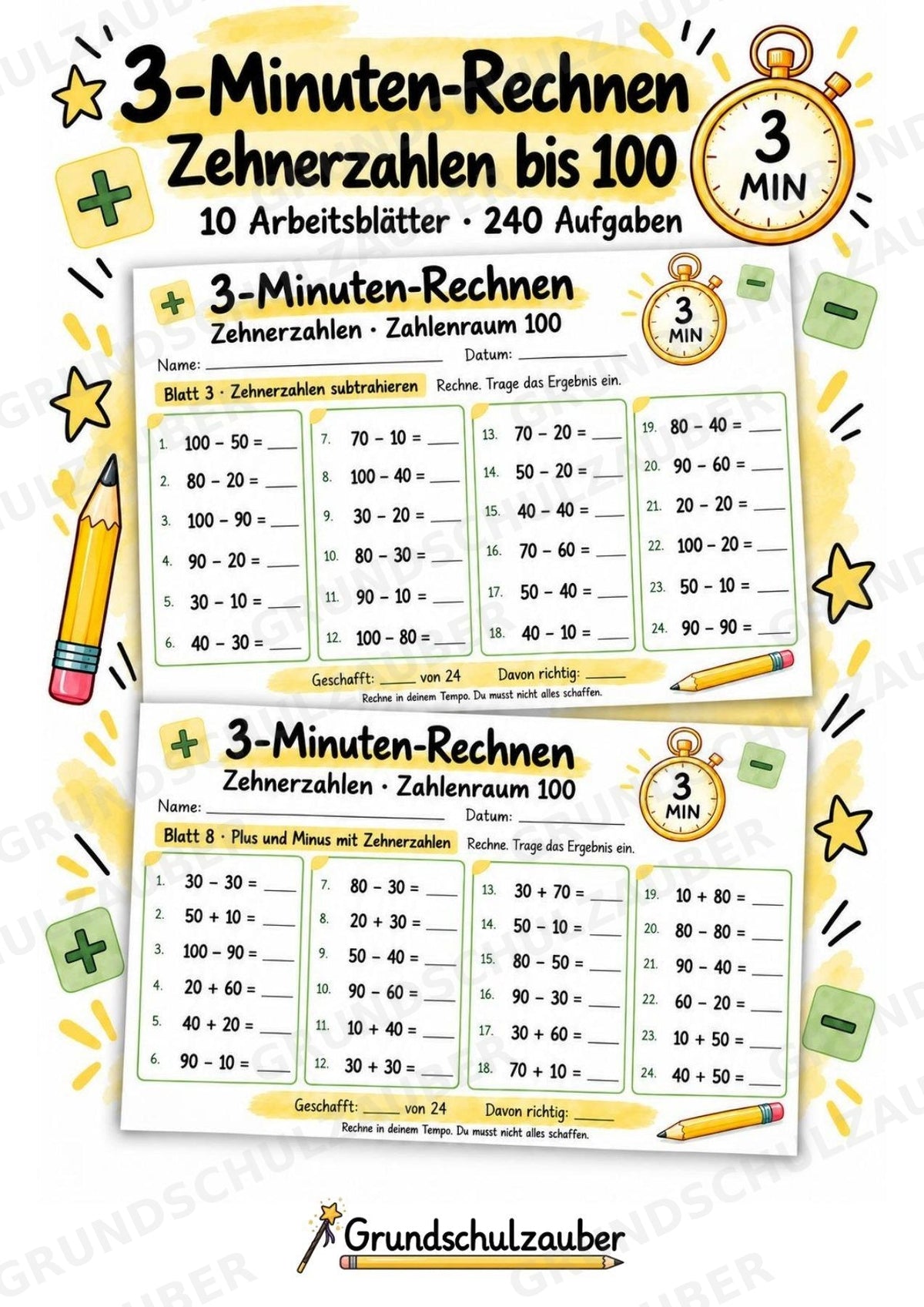 3-Minuten-Rechnen: Zehnerzahlen im Zahlenraum 100 | Addition & Subtraktion, Kopfrechnen – 10 Mathe-Arbeitsblätter, Klasse 2 – Cover