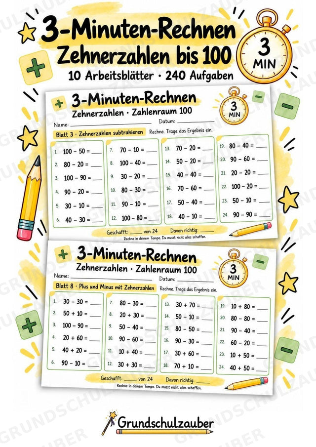 3-Minuten-Rechnen: Zehnerzahlen im Zahlenraum 100 | Addition & Subtraktion, Kopfrechnen – 10 Mathe-Arbeitsblätter, Klasse 2 – Cover