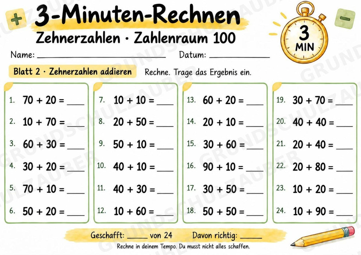 3-Minuten-Rechnen: Zehnerzahlen im Zahlenraum 100 | Addition & Subtraktion, Kopfrechnen – 10 Mathe-Arbeitsblätter, Klasse 2 – Materialseite 3