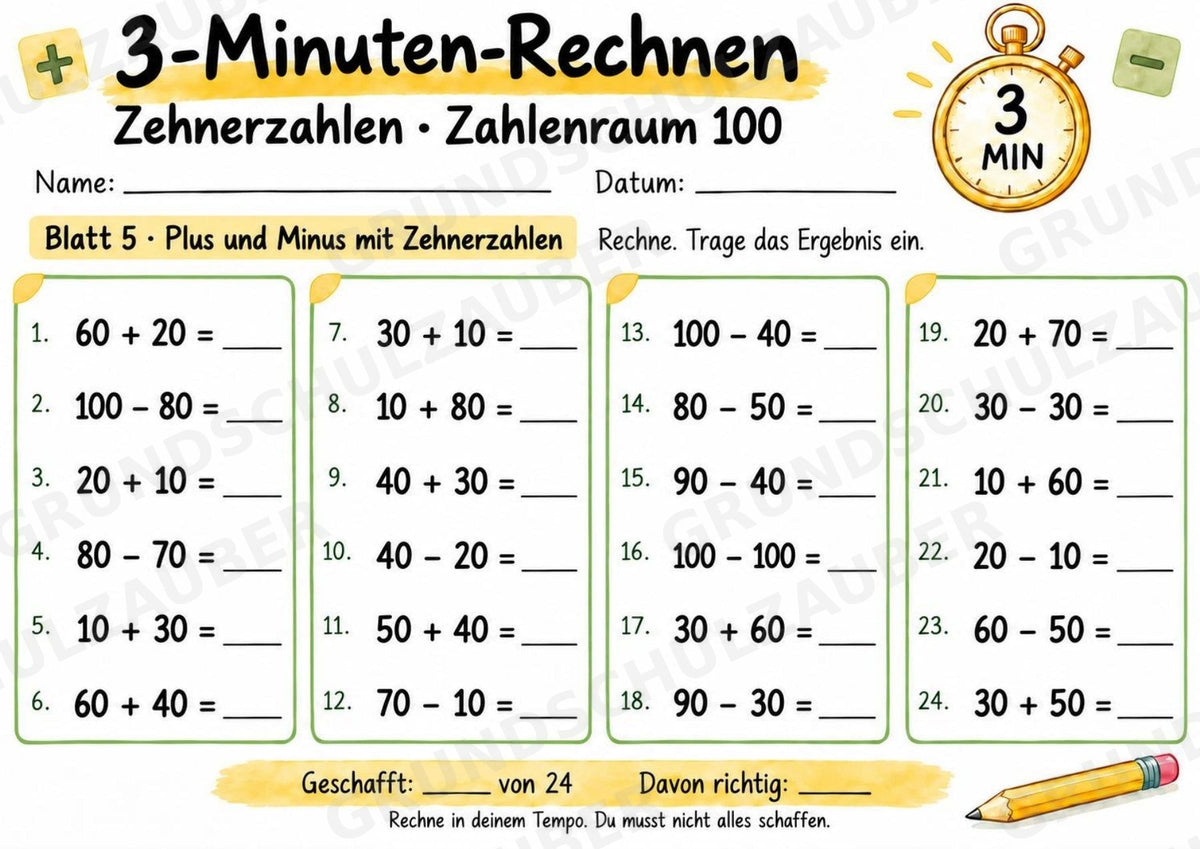 3-Minuten-Rechnen: Zehnerzahlen im Zahlenraum 100 | Addition & Subtraktion, Kopfrechnen – 10 Mathe-Arbeitsblätter, Klasse 2 – Materialseite 6