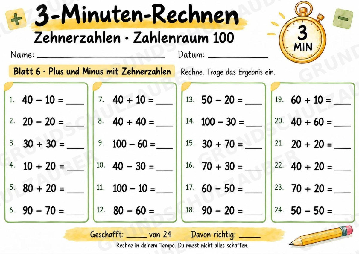 3-Minuten-Rechnen: Zehnerzahlen im Zahlenraum 100 | Addition & Subtraktion, Kopfrechnen – 10 Mathe-Arbeitsblätter, Klasse 2 – Materialseite 7